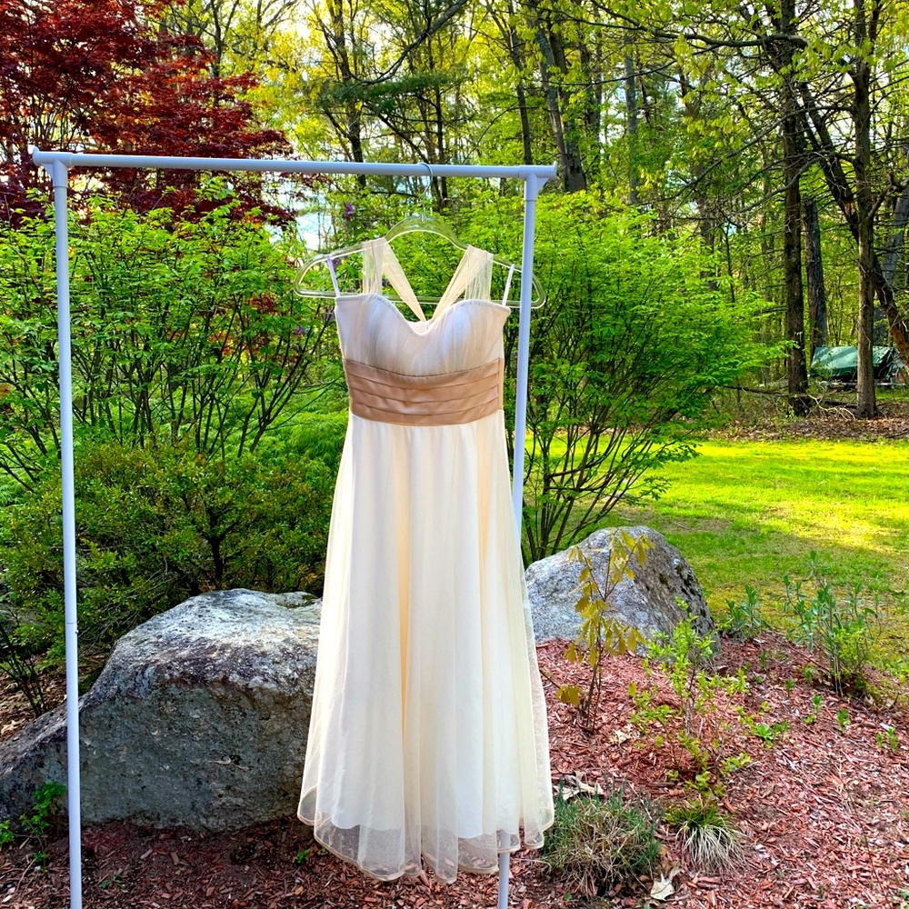 DRESS tea length Cream Champagne  organza semi-strapless sheer haltertie